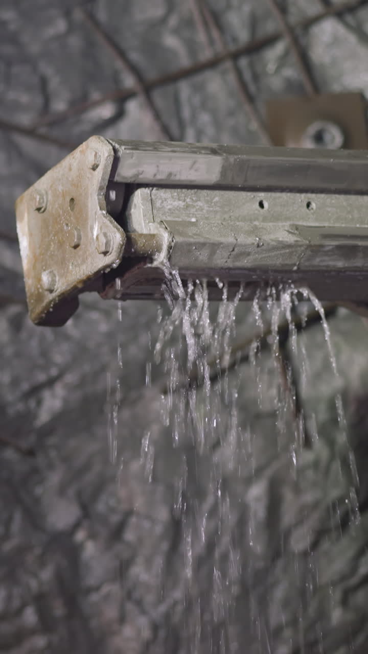 Part of robot drill with cold water pouring down in ore mine. Professional machinery equipment for drilling cavity and setting explosives closeup