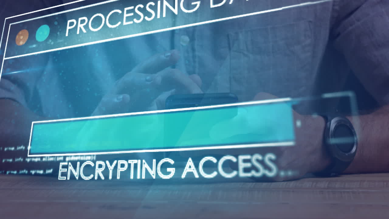 animación del procesamiento de datos sobre un empresario caucásico que usa un teléfono inteligente