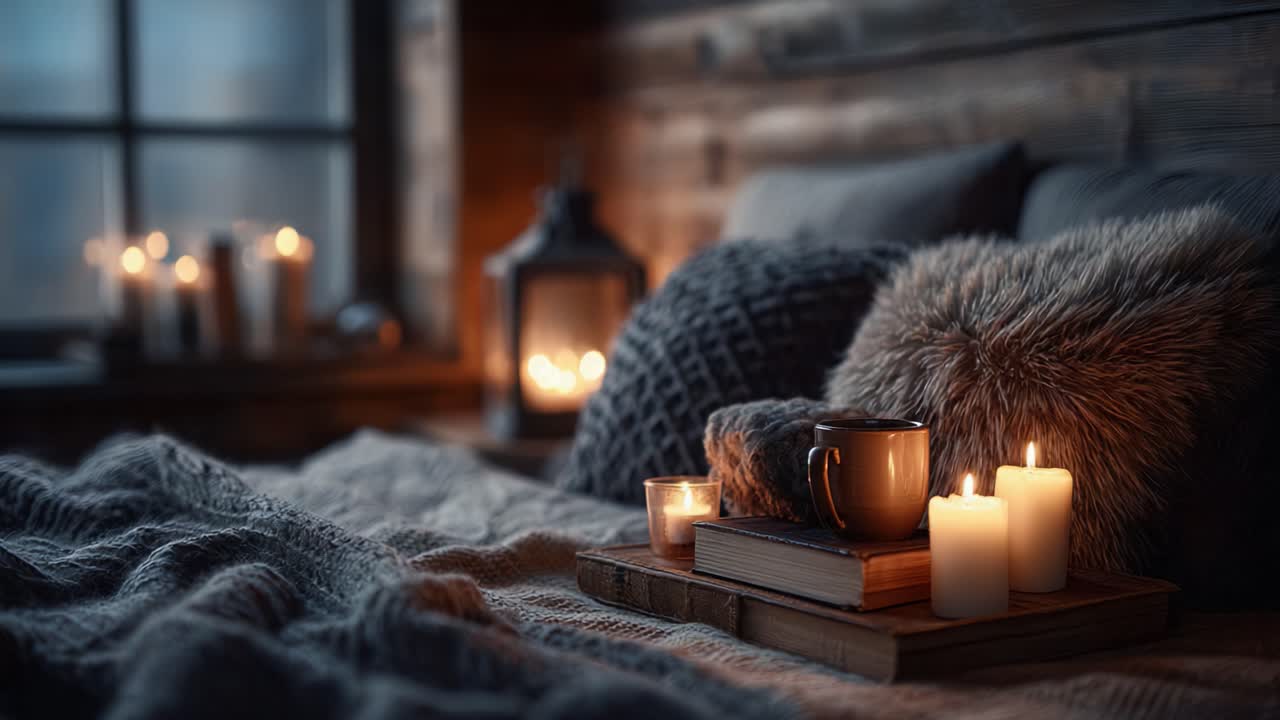 Un Rifugio Serale Accogliente: Un Primo Piano di un Ambiente Camera da Letto Tranquillo con Tessuti Morbidi, Candele Tremolanti e una Tazza Calda, Sottolineando Comfort e Serenità