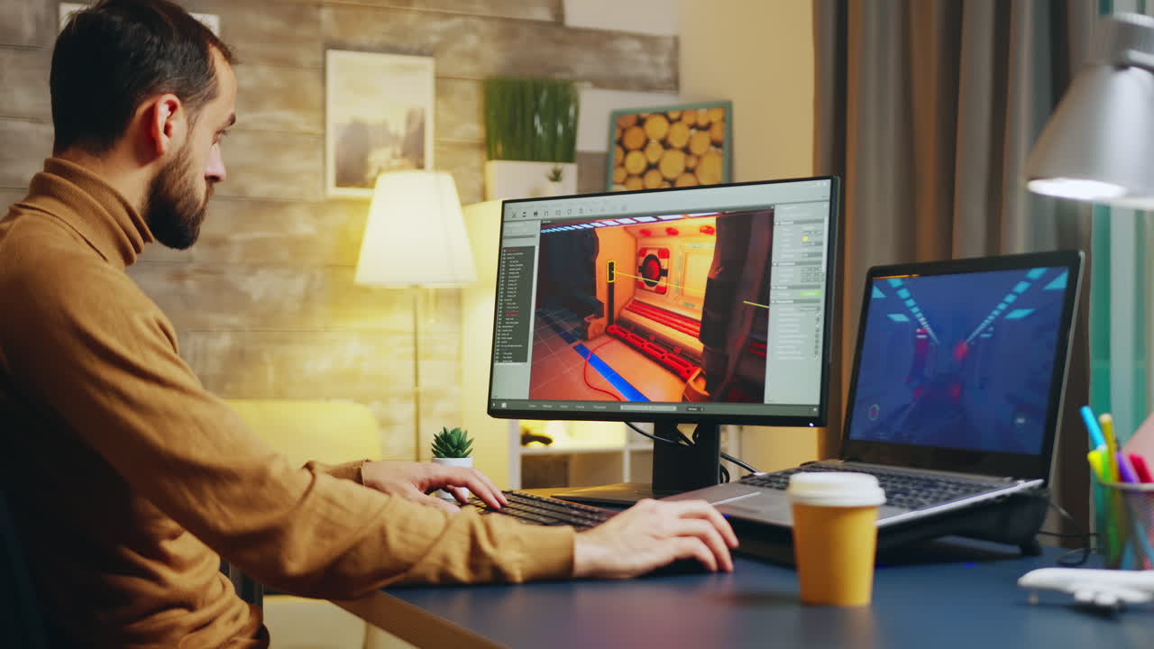 Male game developer typing on keyboard