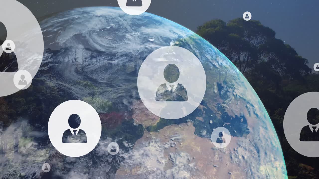 전 세계와 풍경에 걸쳐 디지털 사람 아이콘의 구성