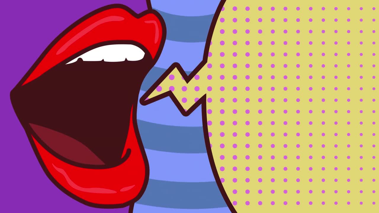 Animation of a woman\'s mouth with a cartoon bubble on a blue background