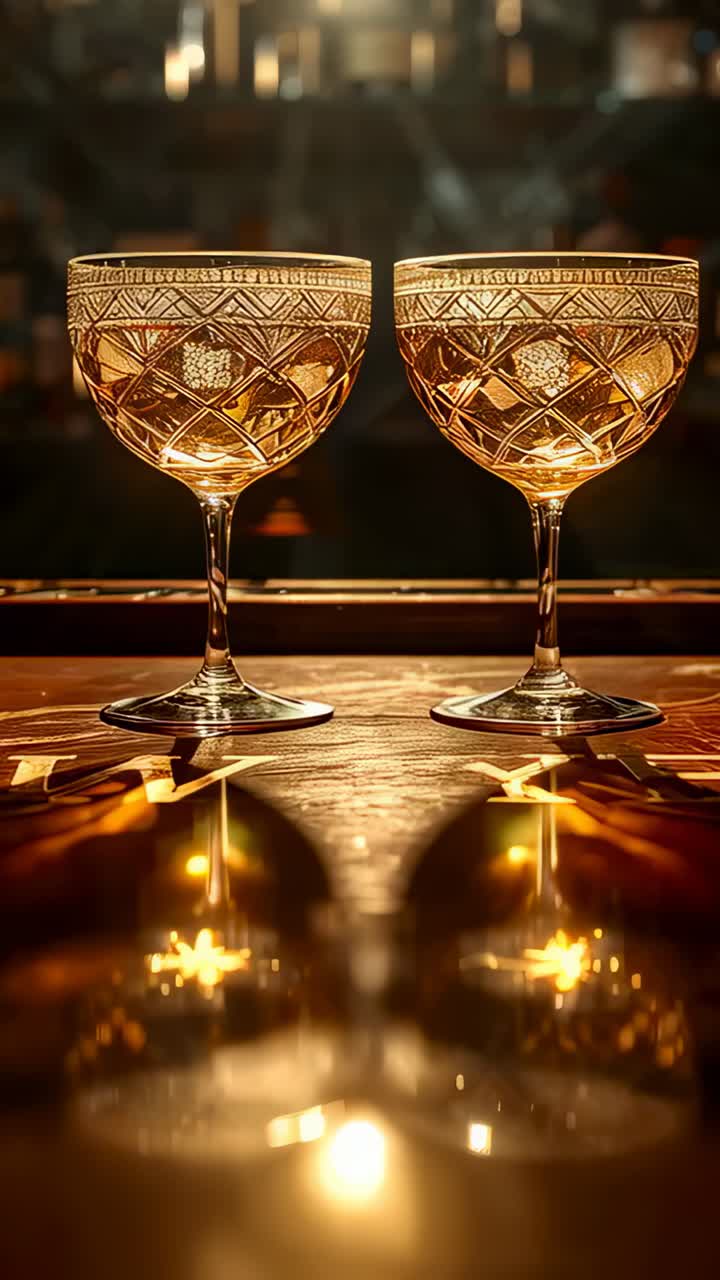 Vertical video: Shining coupe glasses catching gold light on bar via camera shift, revealing cuts