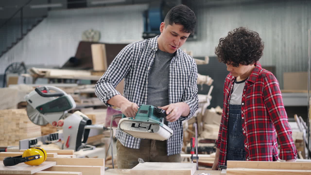 Father and son learning woodworking