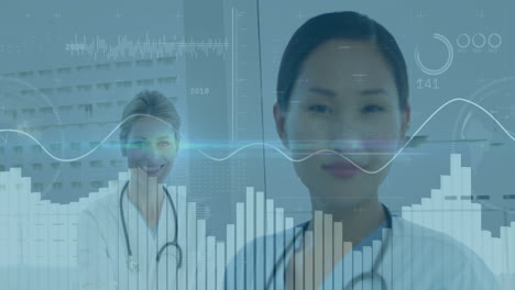 medical data analysis animation over doctors in hospital setting