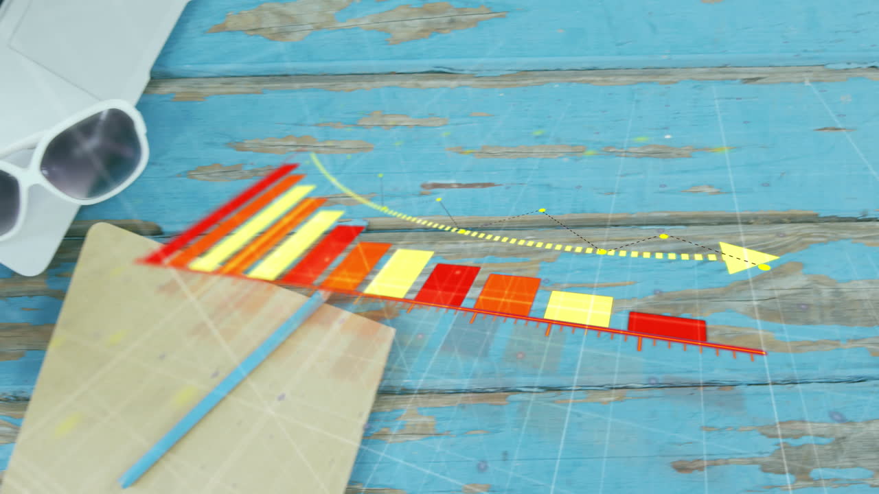 animación del procesamiento de datos estadísticos a través de gafas de sol, diario, portátil, taza de café en una mesa de madera