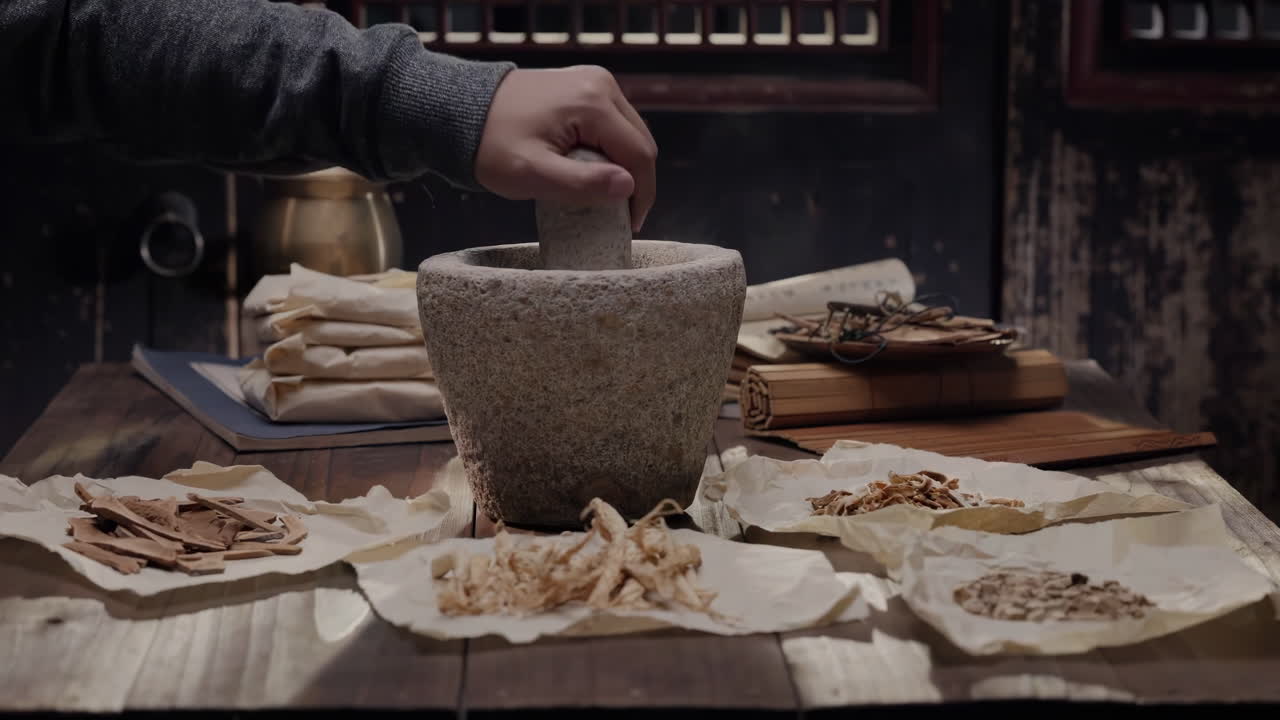 Apocathery doctor working Classification and preparation with herb and species mushroom anise turmeric in a table for traditional medicine advertising
