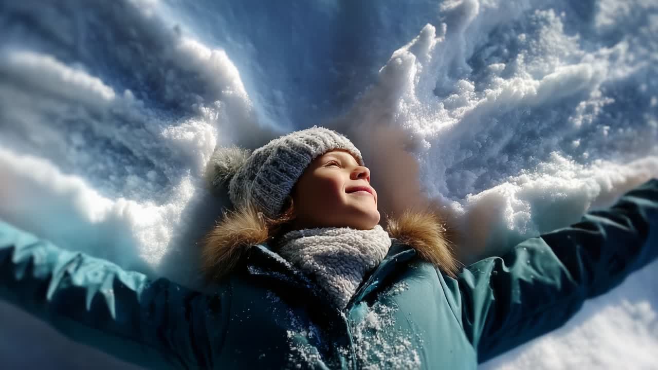 A Joyful Child Embracing Winter's Wonderland: A Snapshot of Pure Delight as She Lays in Fresh Snow, with Arms Outstretched, Capturing the Magic of Winter and the Bliss of Nature's Beauty
