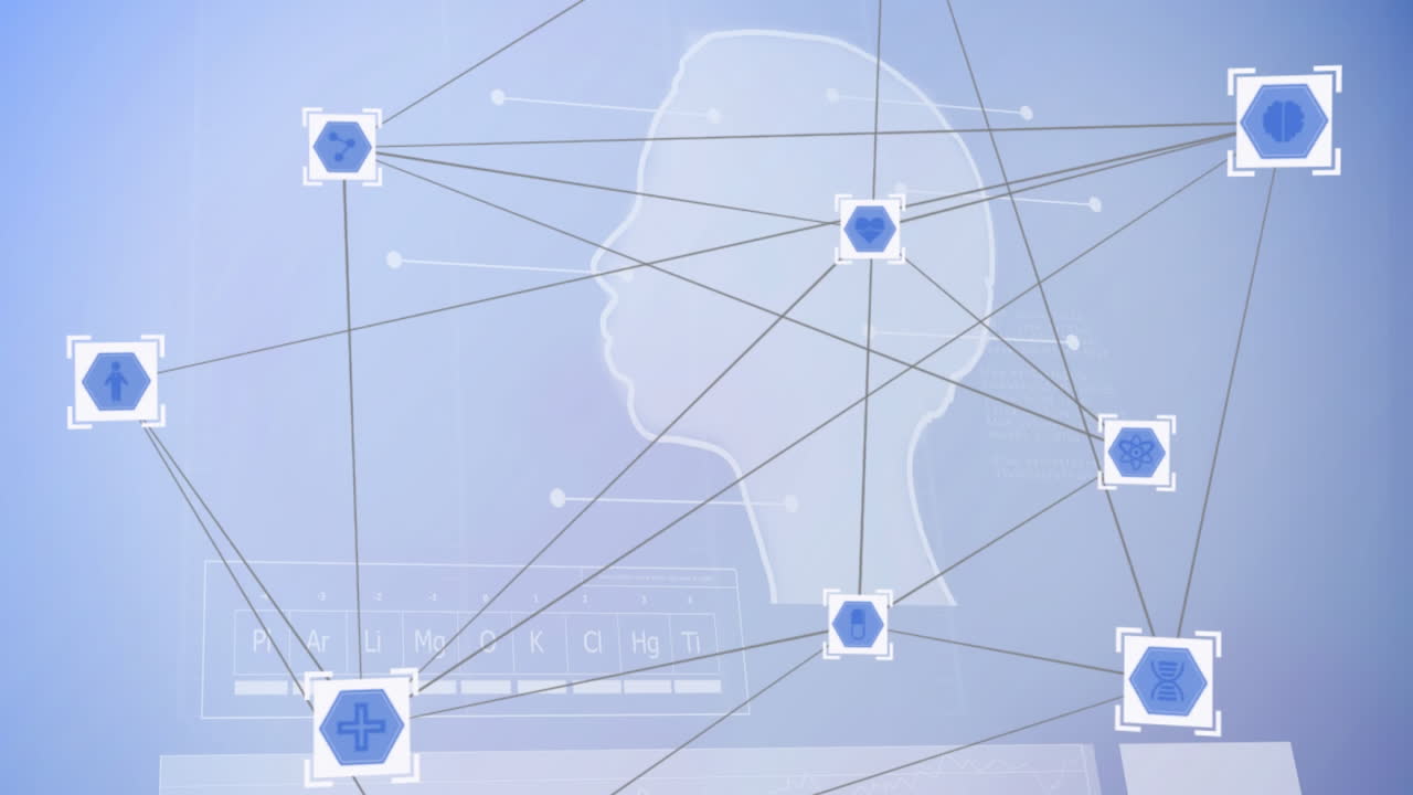 Web of connections icons against human head model