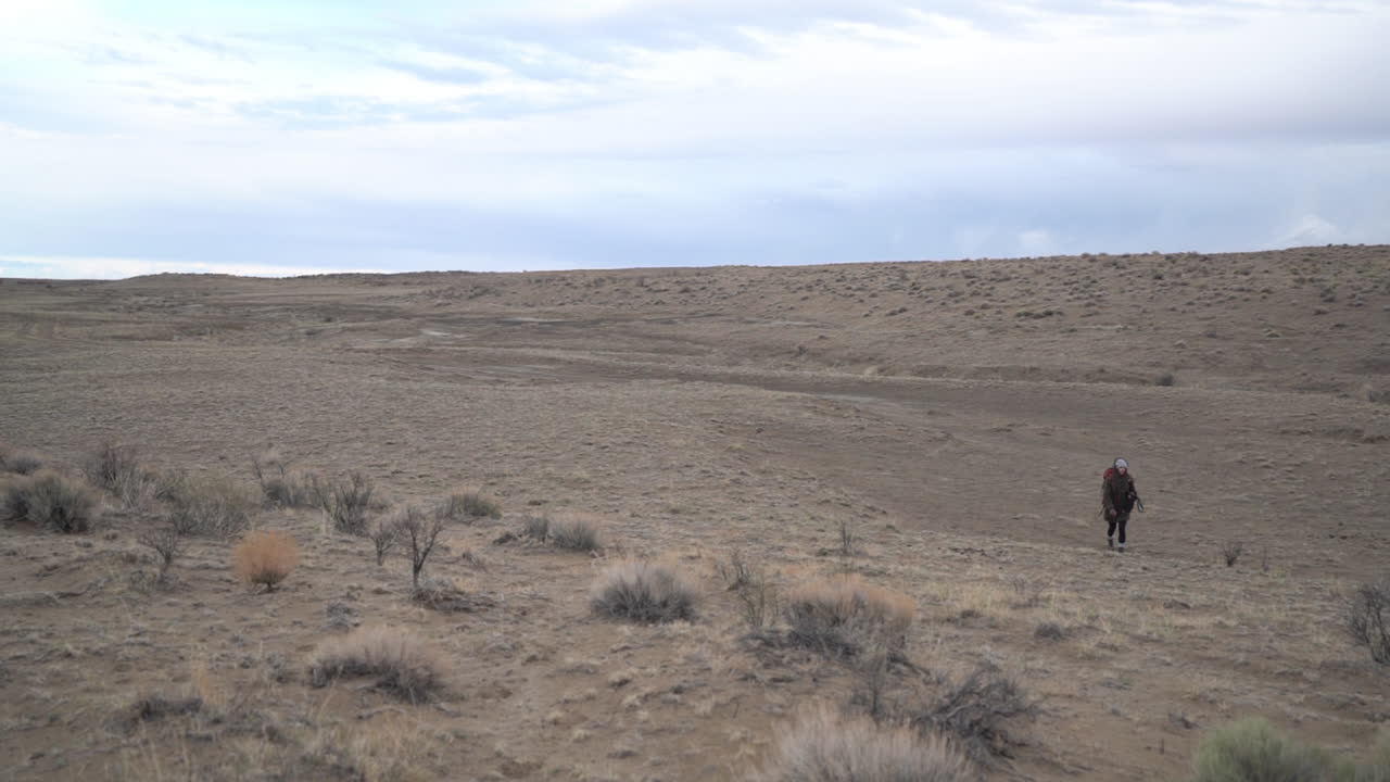 Lonely Female Hiker With a Backpack Walking in Dry Desert Landscape Under Cloudy Sky
