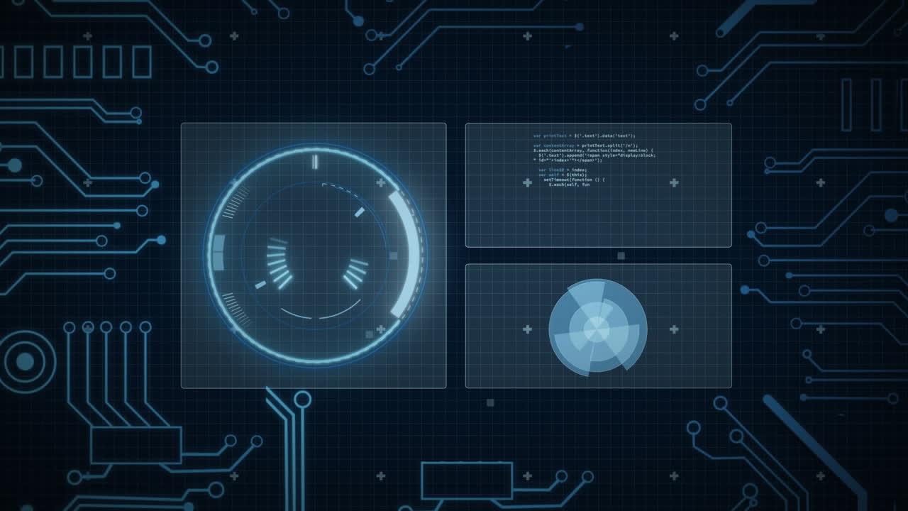 Animation of scopes and computer data processing over dark background