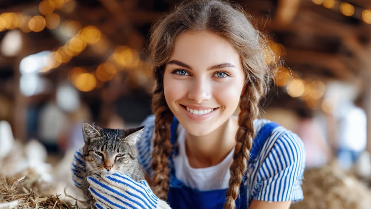 A Joyful Young Girl in a Barn Embraces a Cat, Radiating Happiness and Bonding with Her Feline Friend Amidst a Warm, Rustic Atmosphere