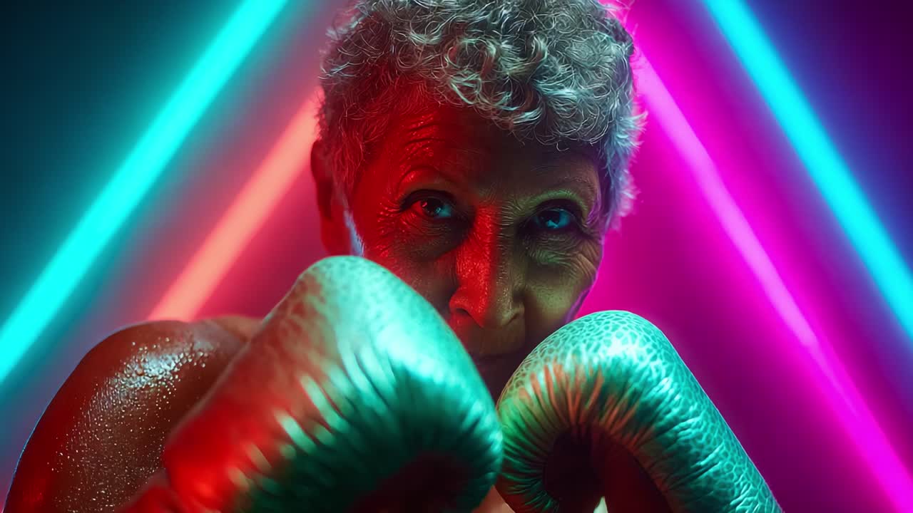 An Inspirational Portrait of a Determined Fighter: A Seasoned Athlete Showcases Strength, Resilience, and Confidence in the Ring with Striking Neon Lighting