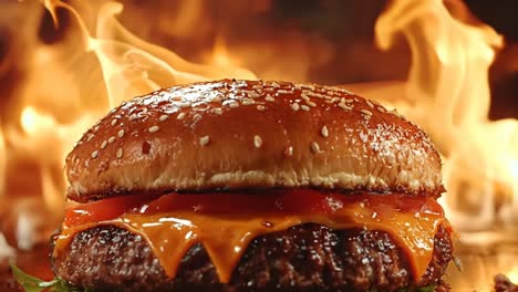 a burger with a lot of cheese and ketchup on it. the burger is on a plate with a fire in the background