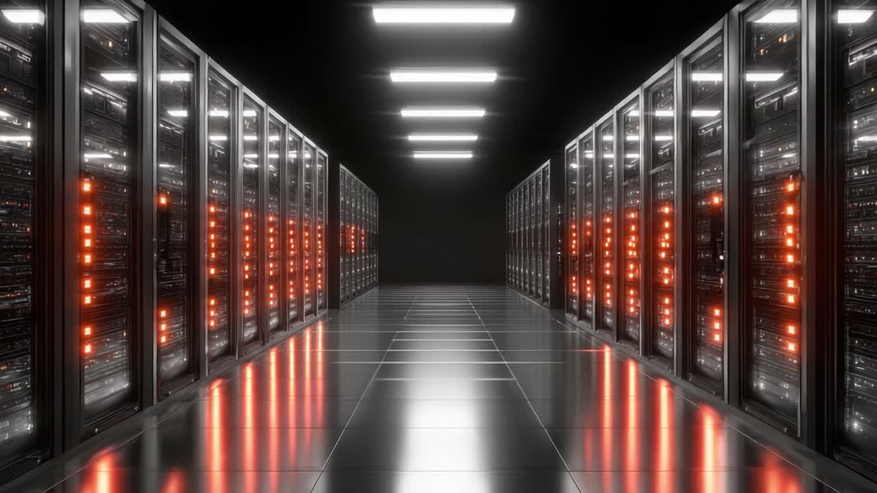 A Modern Data Center Interior Featuring Rows of High-Performance Servers With Illuminated Panels, Showcasing Technological Infrastructure and Storage Capabilities