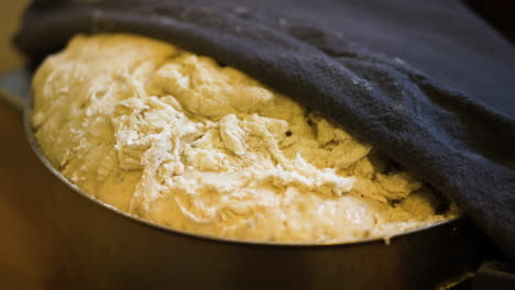 Close-up-Of-Bread-Dough-In-A-Baking-Tray-Covered-With-A-Kitchen-Towel-While-Rising