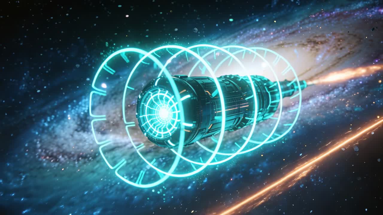 Forming turquoise rings, module advancing through galaxy, pulsing core trailing orange streak