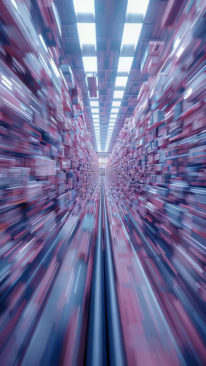 Vertical video: Moving camera sliding center rail past tall shelves, revealing bright doorway ahead