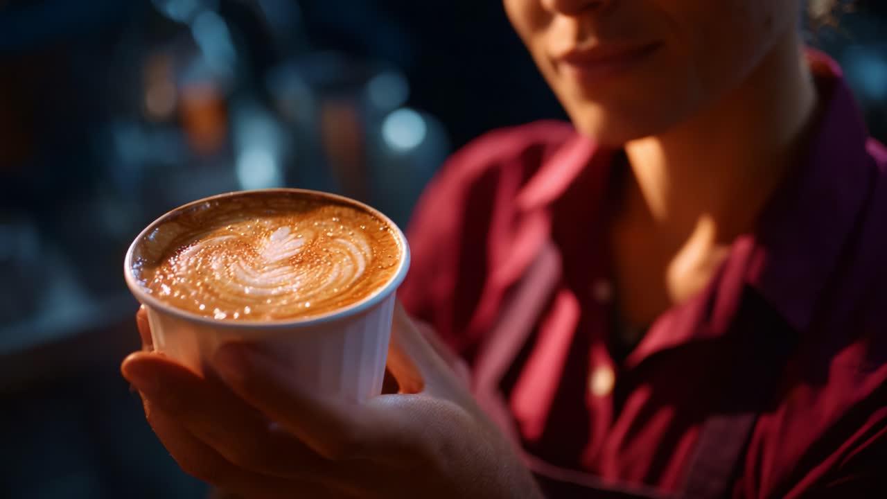 Artisan Barista Showcases Exquisite Latte Art with Creamy Milk Foam and Intricate Design in a Cozy Coffee Shop Atmosphere