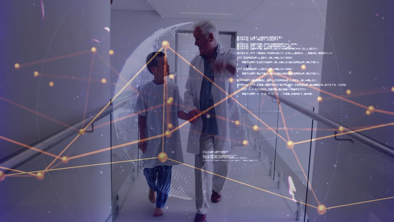 Doctor walking with patient along hospital corridor, projecting holographic network overlays