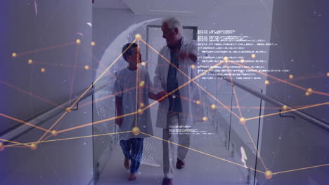doctor walking with patient along hospital corridor, projecting holographic network overlays