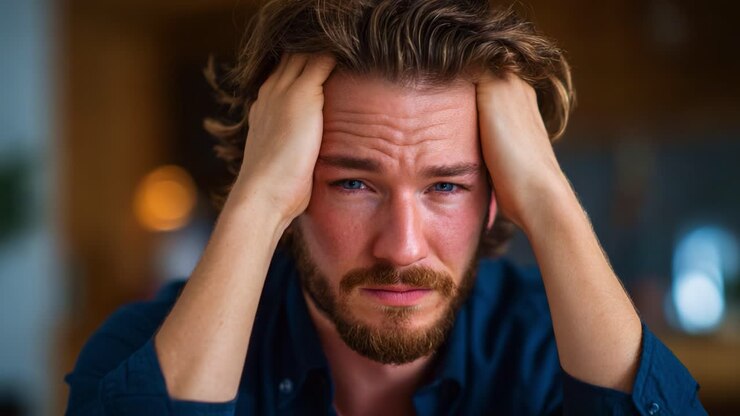 A man in distress displays emotions of sadness and frustration while holding his head with both hands, conveying a deep sense of anxiety and inner turmoil