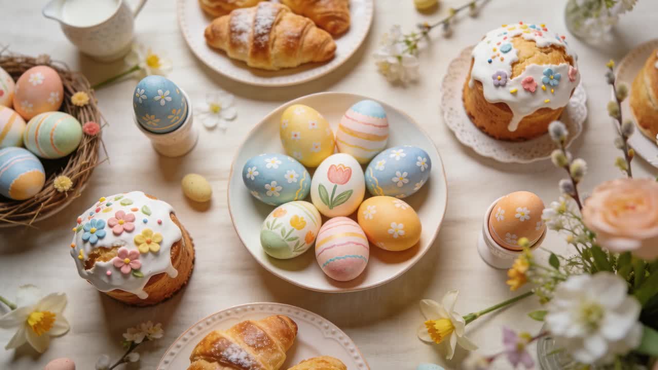Pulling back camera revealing ceramic bowl holding seven pastel eggs at table, showing croissants