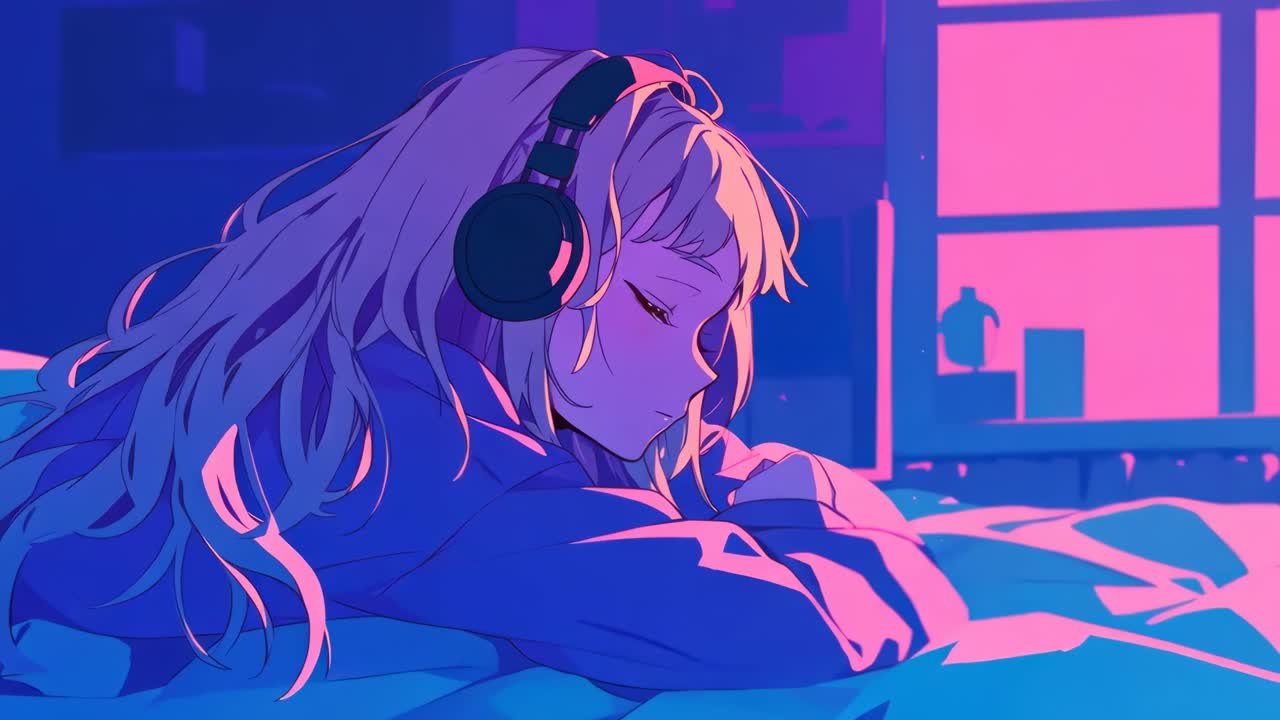 Anime-style video concept of a girl with headphones, resting on a bed