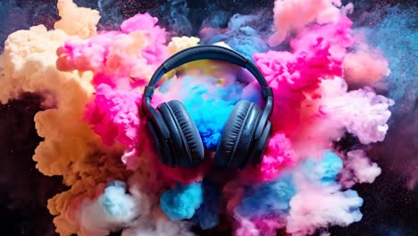 a pair of headphones is surrounded by a cloud of red, blue, and purple smoke. the headphones are positioned in the center of the image, with the smoke swirling around them. scene is one of excitement