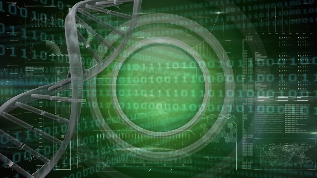 animación del giro de la cadena de adn, escaneo de alcance sobre el procesamiento de datos de codificación binaria