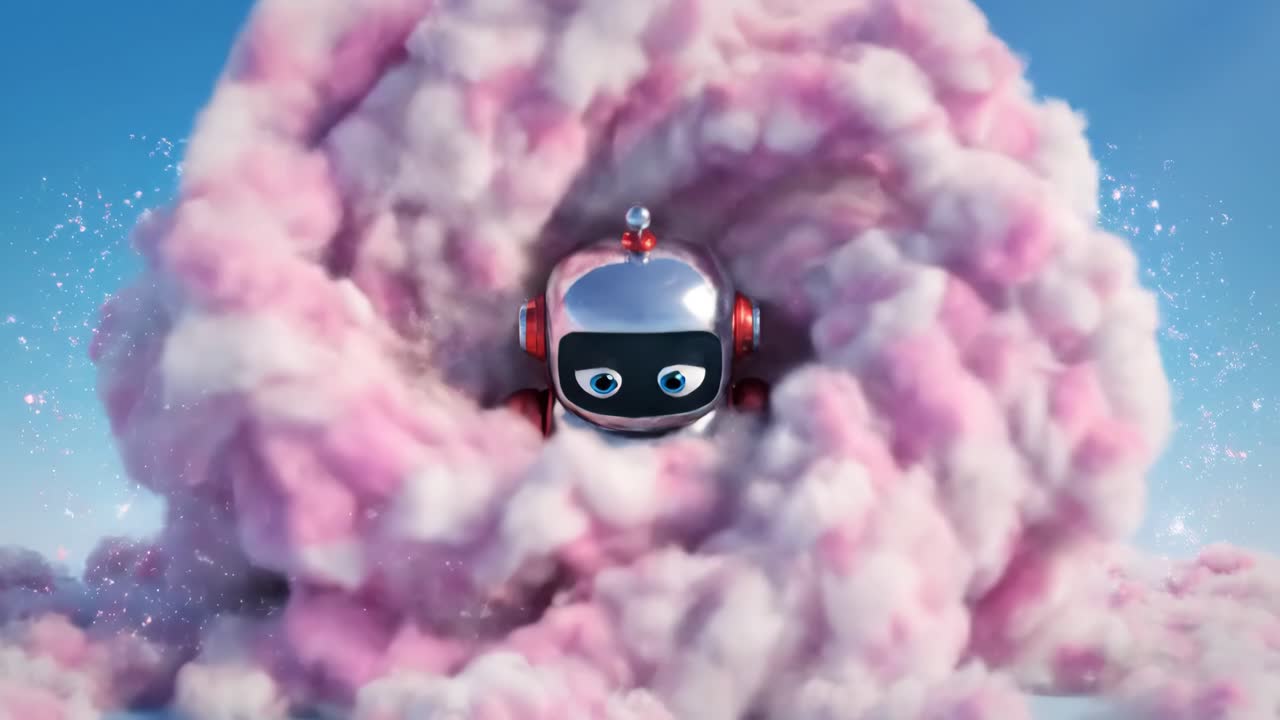 Personaggio di robot 3D amichevole che saluta da nuvole rosa