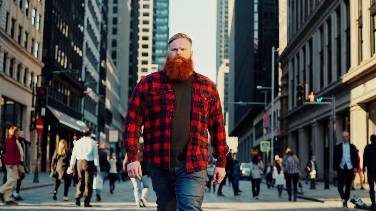 Bearded man in plaid shirt walking in city street