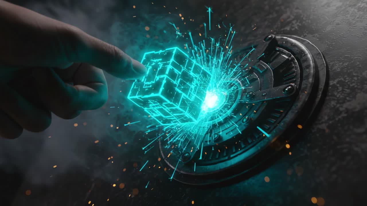 An Enigmatic Interaction: A Hand Engaging with a Pulsating Energy Source, Unleashing a Mystical Cube in a Digital Realm of Sparks and Light