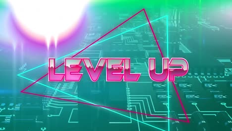 animación de texto metálico rosa a nivel, sobre líneas de neón, en la placa base de la computadora verde