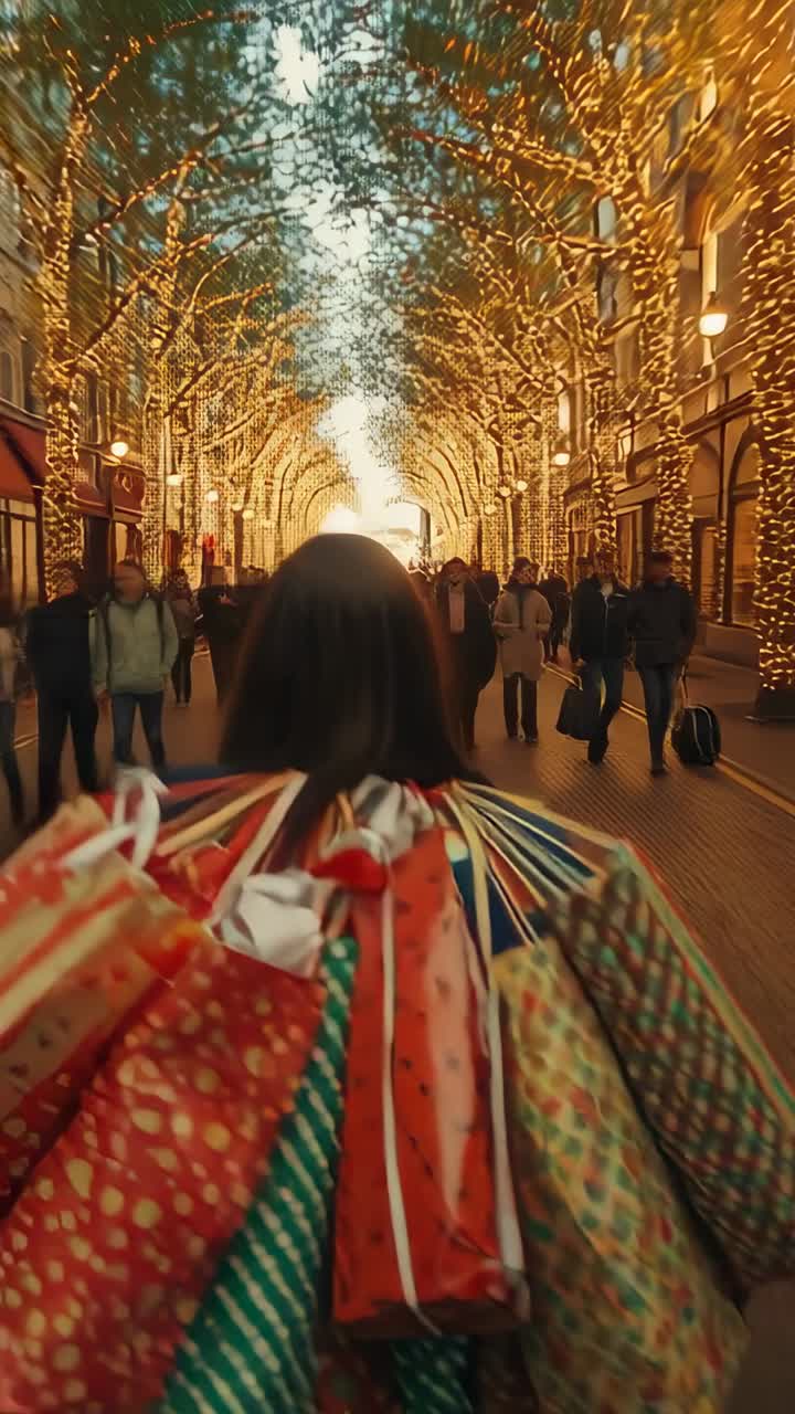 Vertical video: Leaving shops walking woman carrying bags through lit tunnel, reaching glowing exit