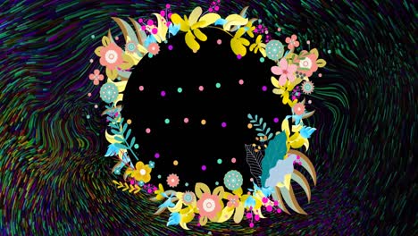 Flower-garland-over-multicoloured-liquid-swirl-background
