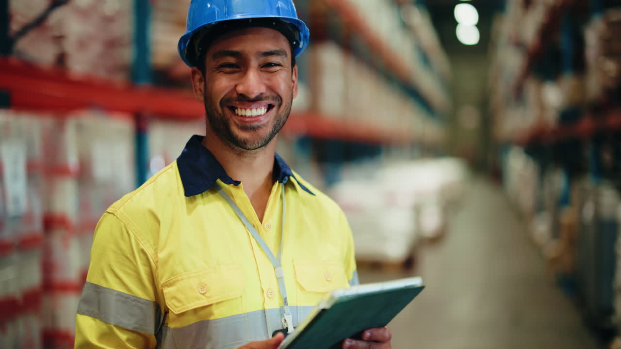 Operaio di Magazzino Sorridente con Cappello che Tiene un Tablet Digitale