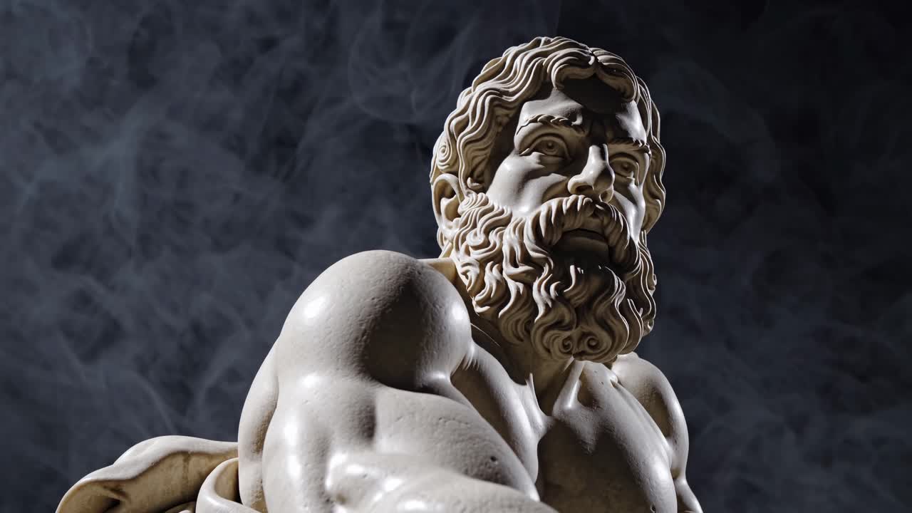 Klassisk marmorstatue av en skjeggete mann med dramatisk røyk