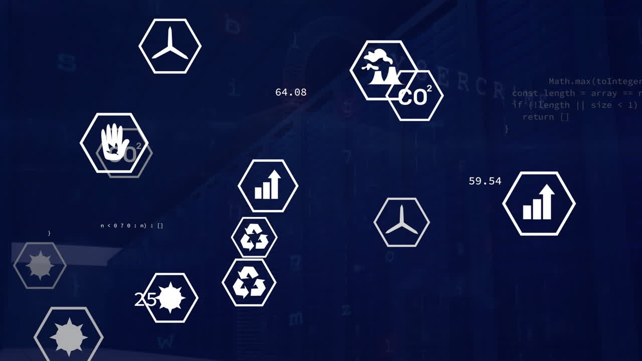 animación del procesamiento de datos con iconos sobre la sala del servidor