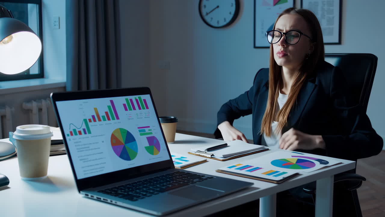 Businesswoman Working Late at Night on Data Analysis