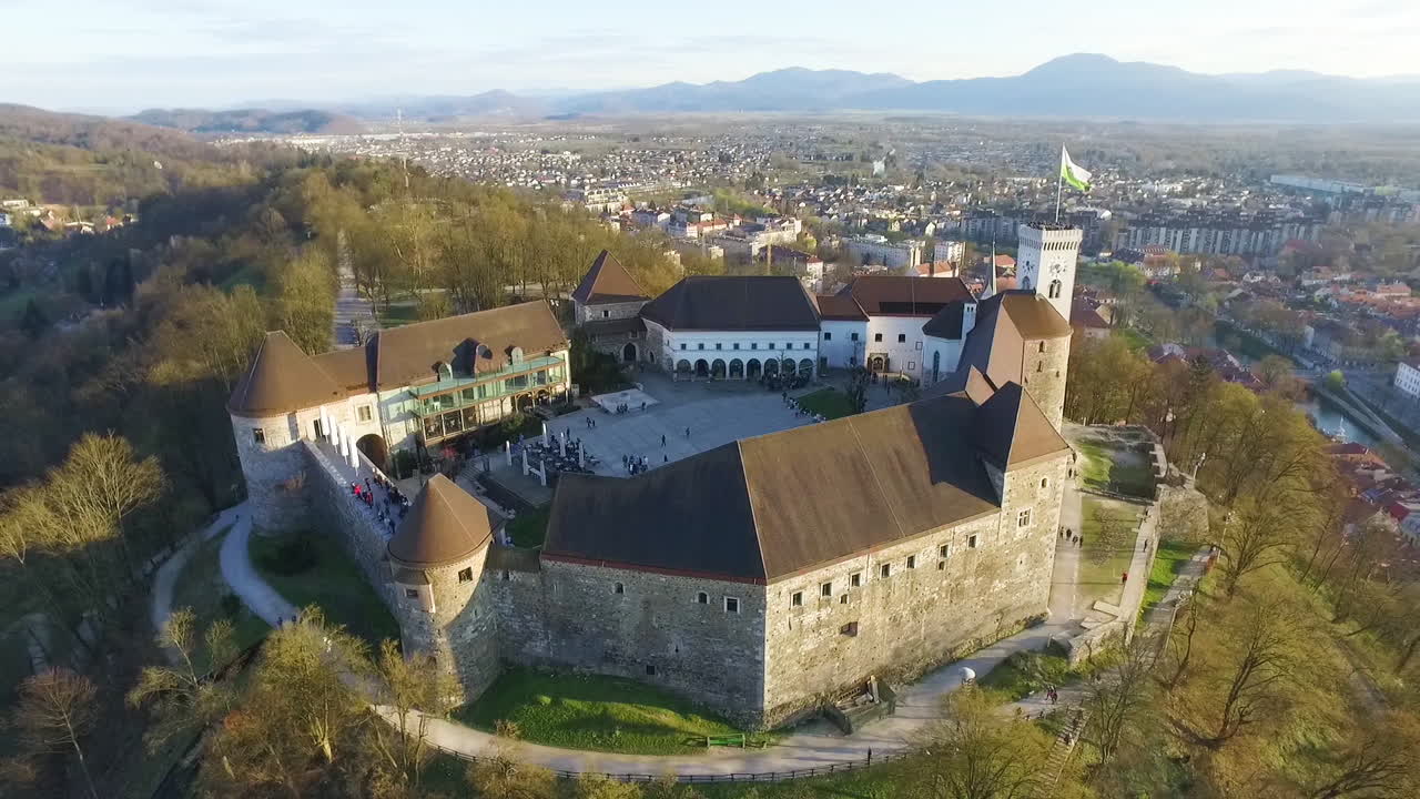 Point of drone view Ljubljana castle, one of the most important landmarks of the city, Slovenia.