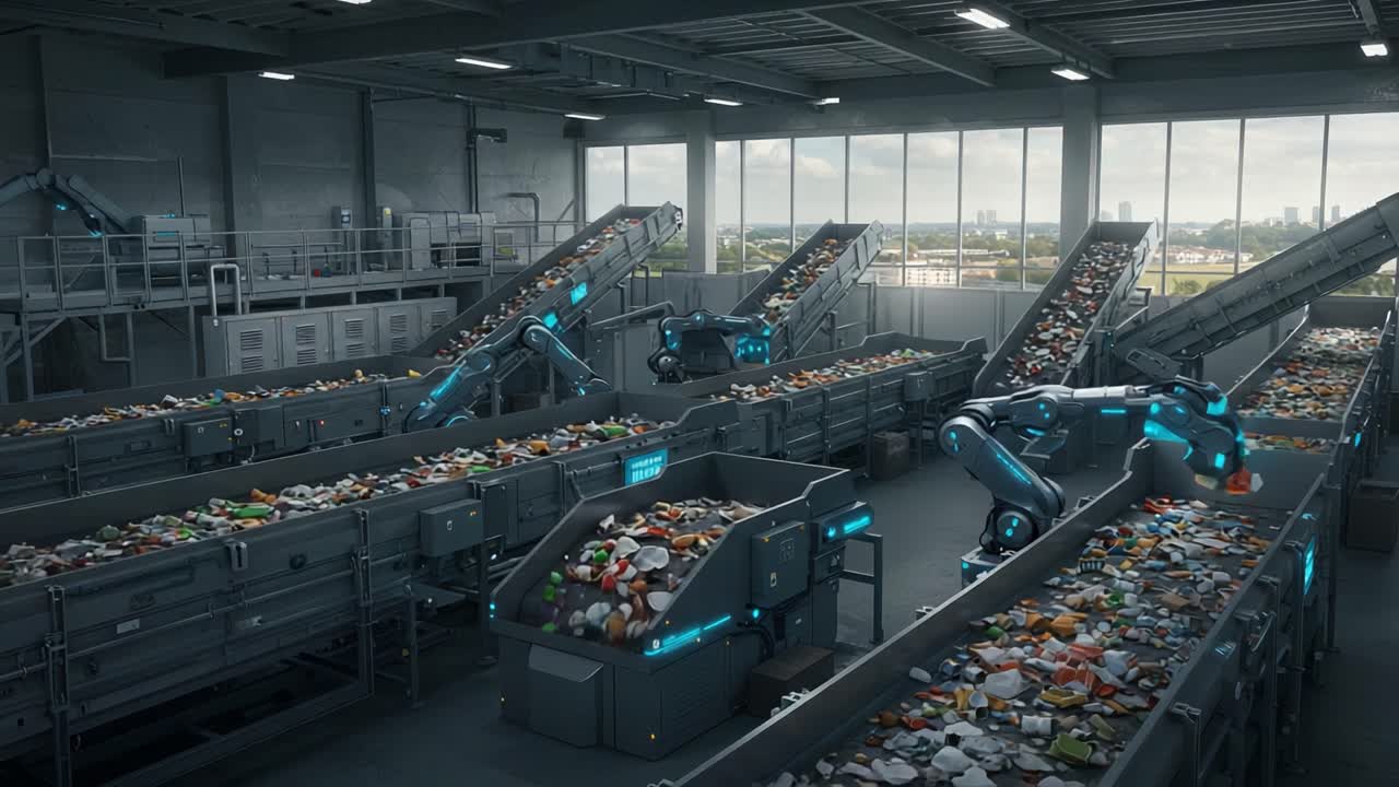 Innovative Waste Management Facility Utilizing Advanced Robotics for Efficient Recycling and Sorting Operations in a Modern Industrial Setting