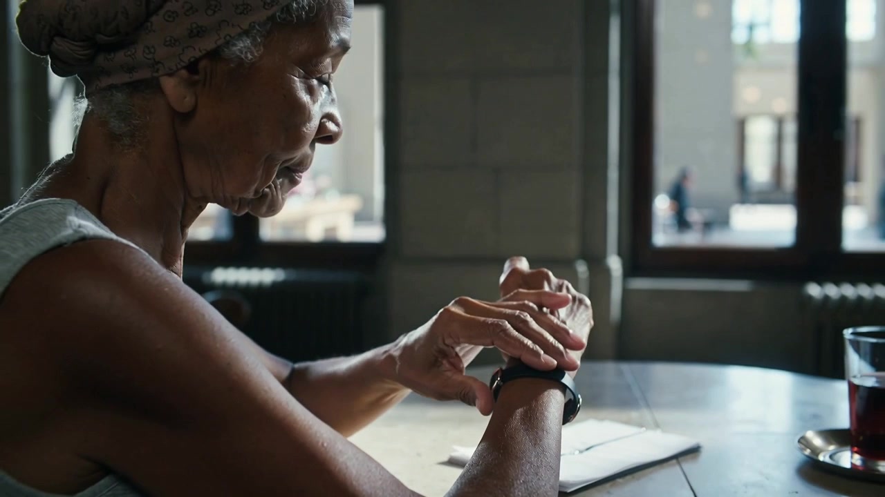 Adjusting senior woman fastening black tracker for fit at table by windows, wearing headwrap