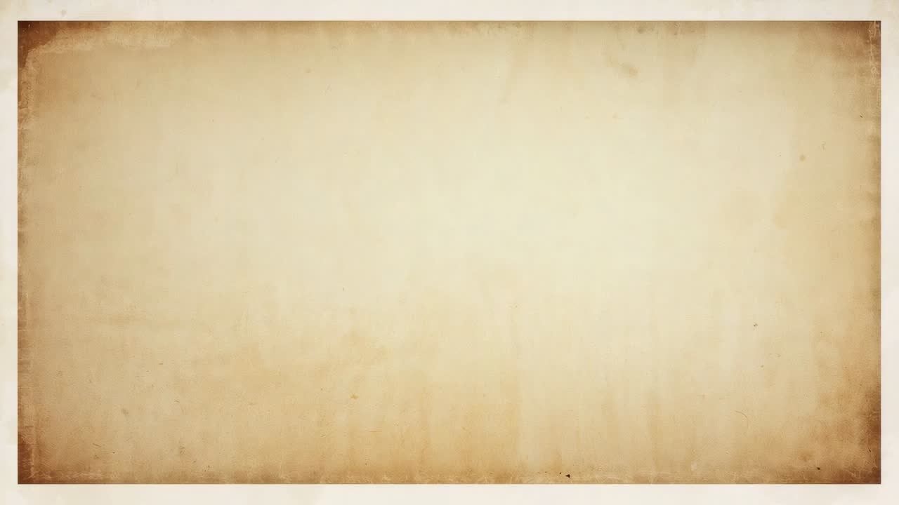 Sliding aged parchment entering top-left revealing blank surface in paper frame, burn mark visible