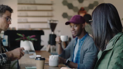 young group of friends drinking coffee in cafe socializing enjoying relaxing restaurant shop diverse students hanging out