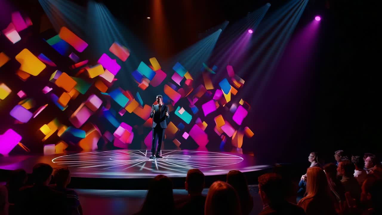 A Dynamic Performance Under Bright Stage Lights: An Engaging Entertainer Captivates an Enthusiastic Audience with Vivid Visuals and Striking Colorful Backgrounds