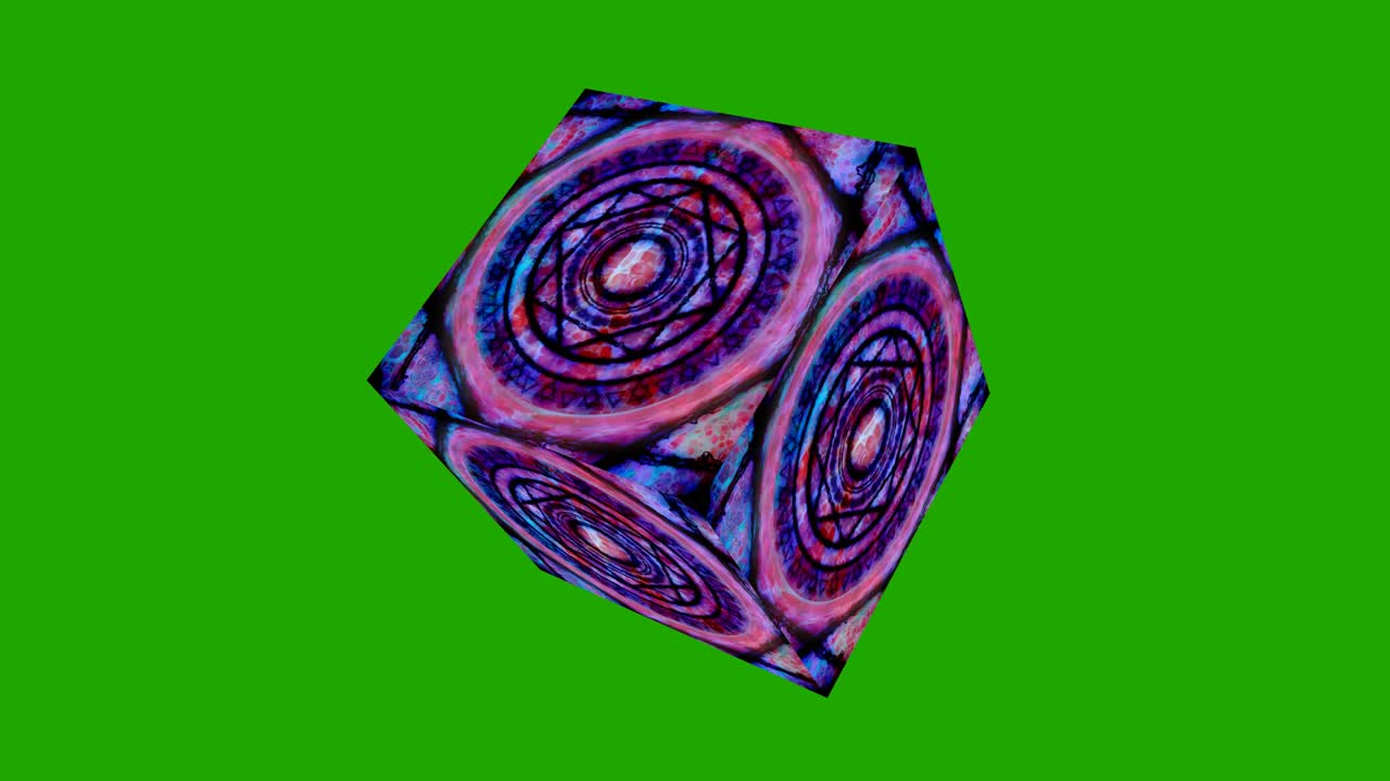 큐브 핑크 파란색 텍스처와 어두운 마법 서클 강력한 에너지와 더블 서클 녹색 화면에 여섯 별