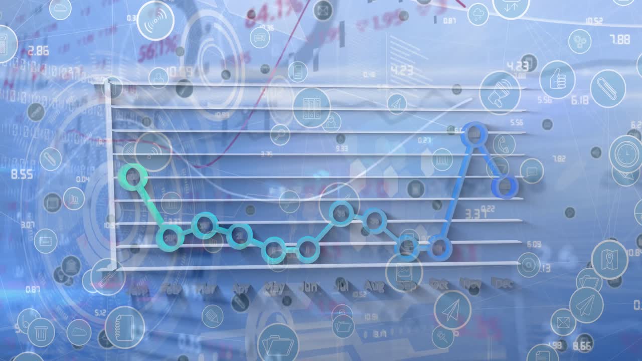 파란색 배경에 데이터 처리에 대한 아이콘으로 연결 네트워크의 애니메이션