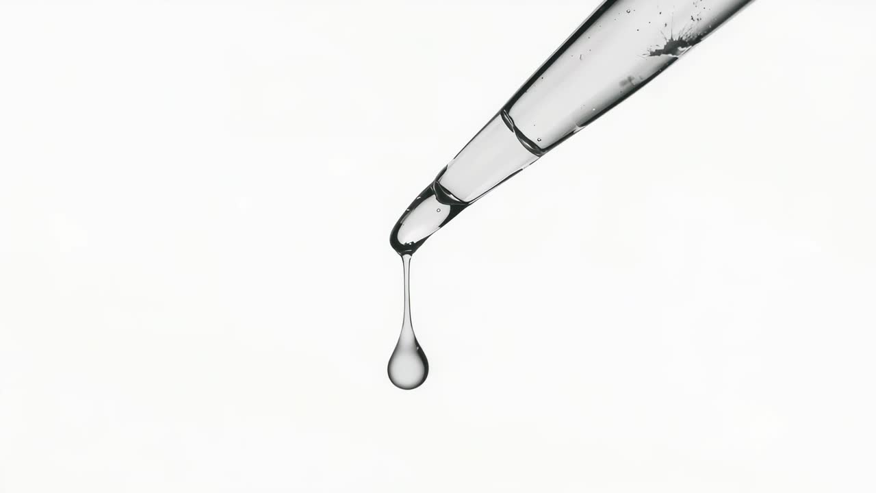 Pipetta che rilascia goccioline che mostrano la tensione superficiale su uno sfondo bianco luminoso, con spazio per il testo.