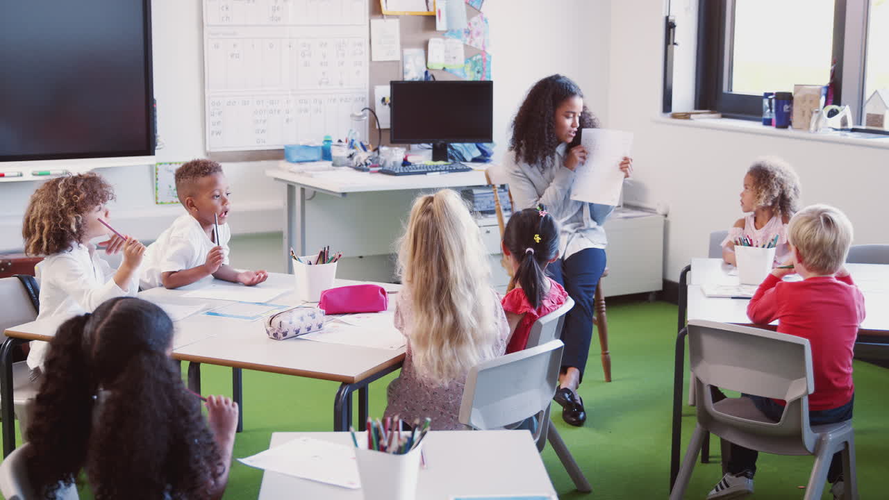Female infant school teacher showing a worksheet to school kids in classroom, full length